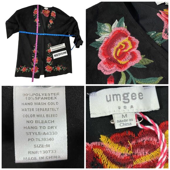 Umgee Cardigan Womens Medium Open Face Floral Embroidery Boho Kimono Lagenlook - Picture 4 of 13